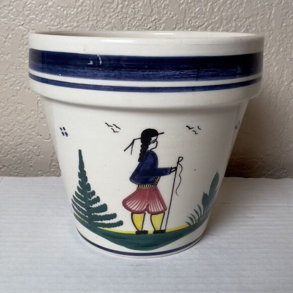 VINTAGE SIGNED HENRIOT‎ QUIMPER CERAMIC PLANTER VASE Breton Peasant Man